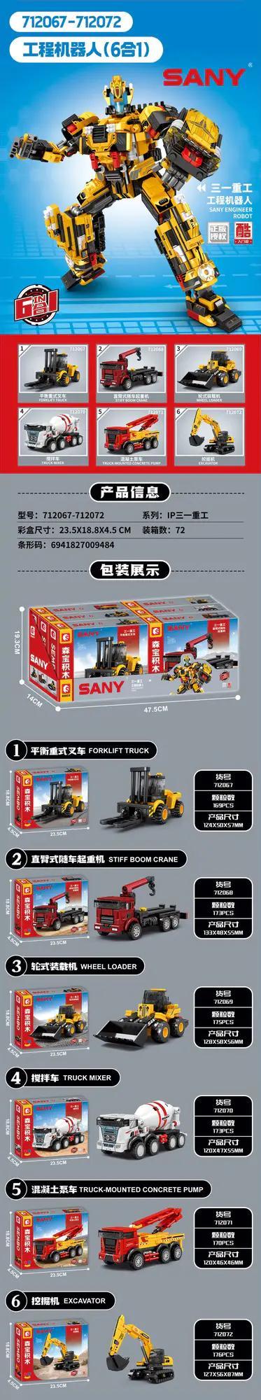 Bộ đồ chơi SEMBO SANY 712067-712072 Robot Kỹ Sư 6 trong 1 biến hình, phù hợp bé trai 6 tuổi, giá tốt, phát triển tư duy sáng tạo.