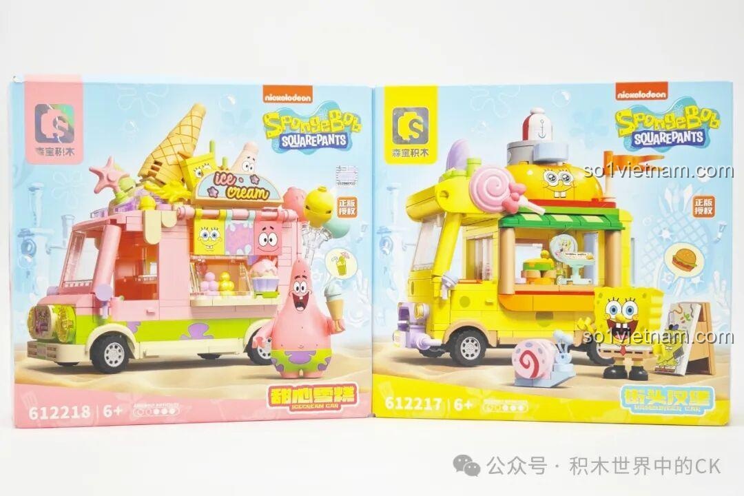 Ảnh 1: Hai hộp đồ chơi lắp ghép Sembo SpongeBob, gồm xe bán hamburger 612217 và xe kem 612218, thu hút bé 6 tuổi.