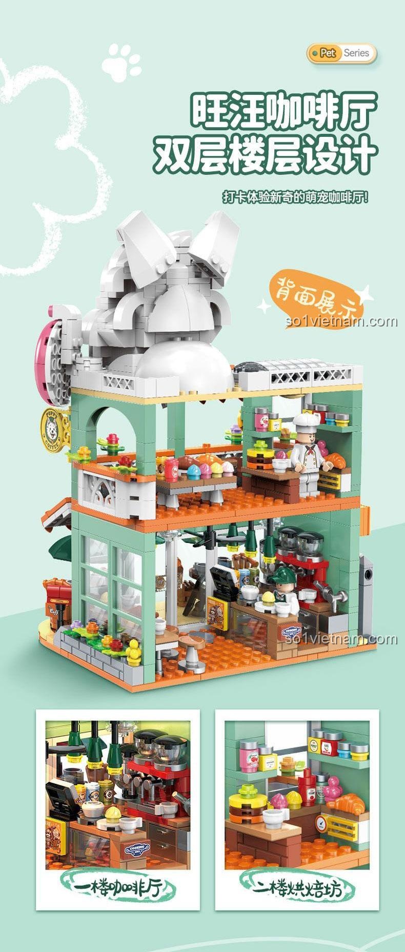 Mô hình Quán Cà Phê Chó Shuang Gao 60524 với thiết kế hai tầng độc đáo, nội thất chi tiết, bộ đồ chơi phát triển tư duy cho bé gái 6 tuổi.