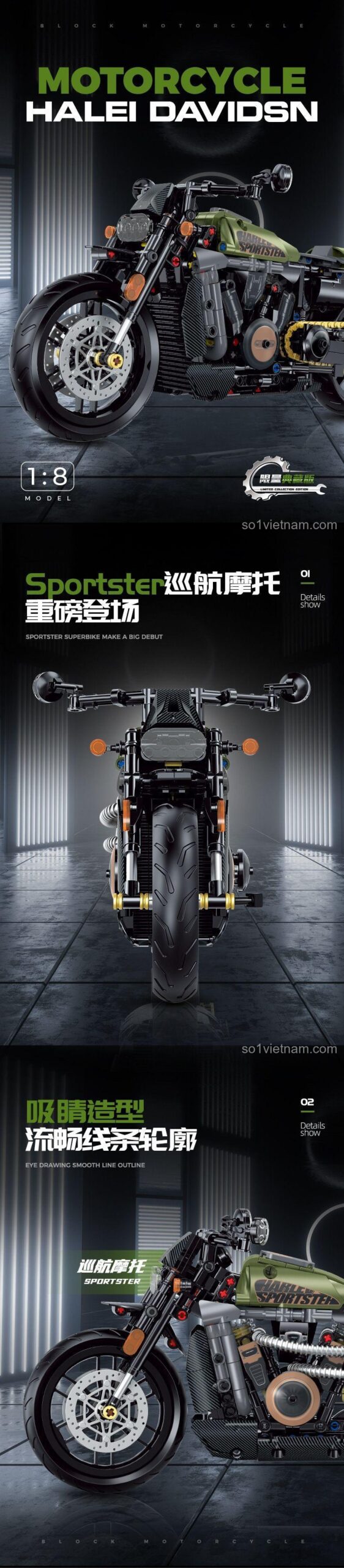 Chi tiết mô hình xe máy Harley Sportster tỉ lệ 1:8, 634 mảnh ghép, đồ chơi lắp ráp cho bé trai 8 tuổi, giá tốt