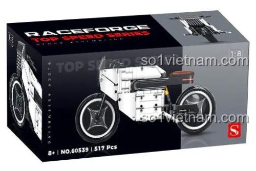 Ảnh chụp chính diện bộ lắp ráp Xe Mô tô Porsche 619 mã 60539 của Shuanggao. Mẫu xe có màu trắng đen, thiết kế tương lai, phù hợp cho con trai 8 tuổi.