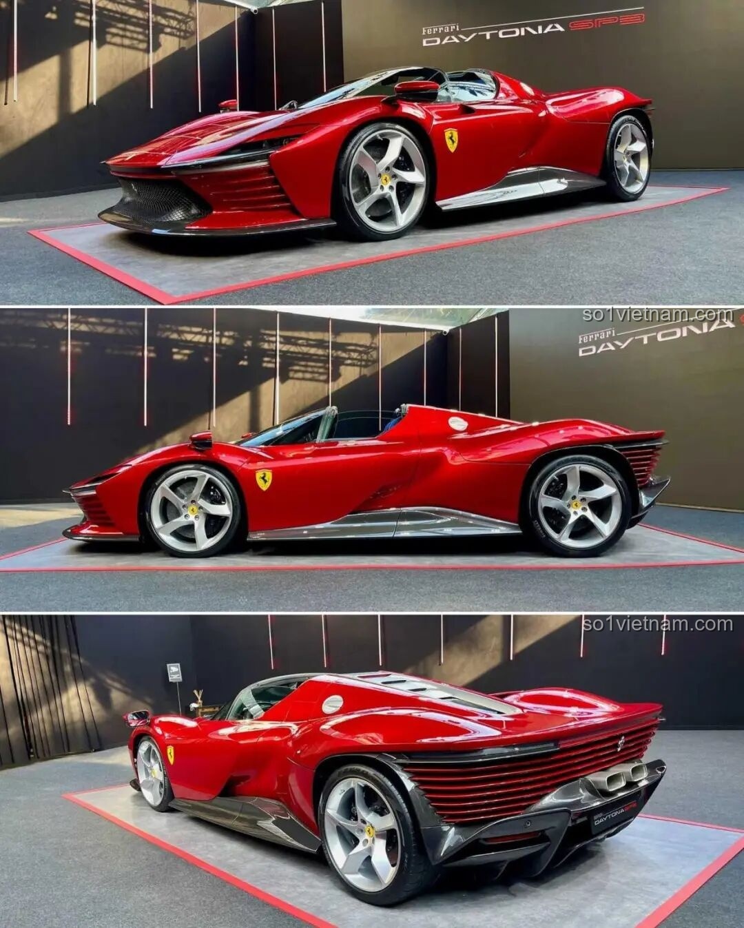 Hình ảnh siêu xe Ferrari Daytona SP3 nguyên mẫu ngoài đời thực với màu sơn đỏ bóng loáng và thiết kế tuyệt đẹp.