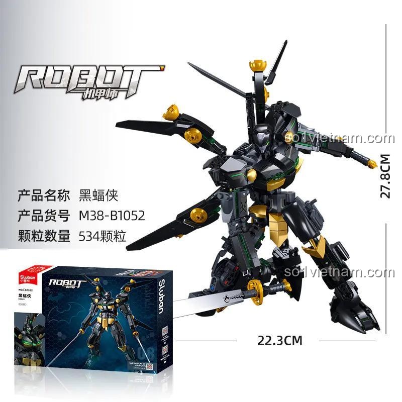 Kích thước mô hình Robot Hắc Diện Hiệp Sĩ Sluban M38-B1052, bộ đồ chơi robot chiến đấu, 534 chi tiết, màu đen vàng, quà tặng cho bé trai 14 tuổi, giá tốt