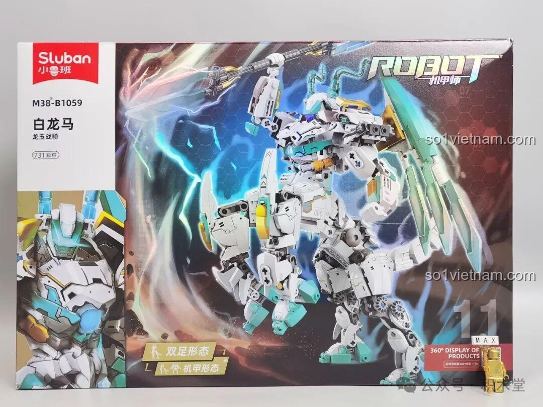 Hộp đồ chơi lắp ráp Sluban M38-B1059 Bạch Long Mã Chiến Kỵ Rồng Ngọc với hình ảnh robot chiến đấu và thông tin sản phẩm.