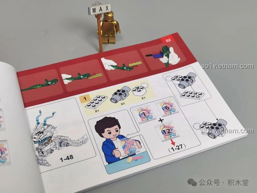 Hướng dẫn lắp ráp Sluban M38-B1059 Bạch Long Mã cho thấy việc kết hợp nhiều túi chi tiết cho một bước lắp ghép.