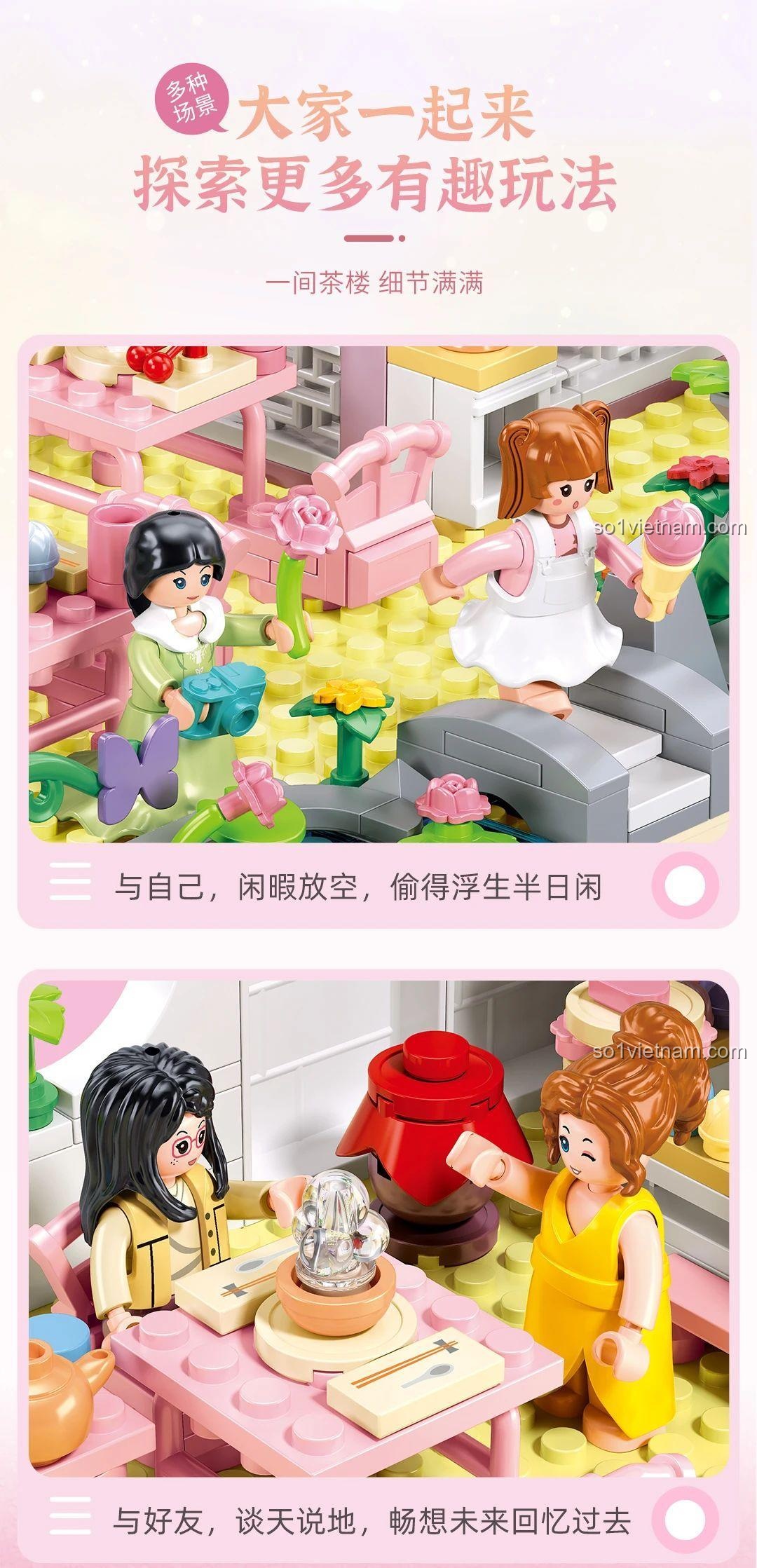Sluban M38-B1078 Mô hình trà với các chi tiết tinh xảo, bộ đồ chơi kiến trúc cổ, đồ chơi xây dựng cho bé gái 8 tuổi