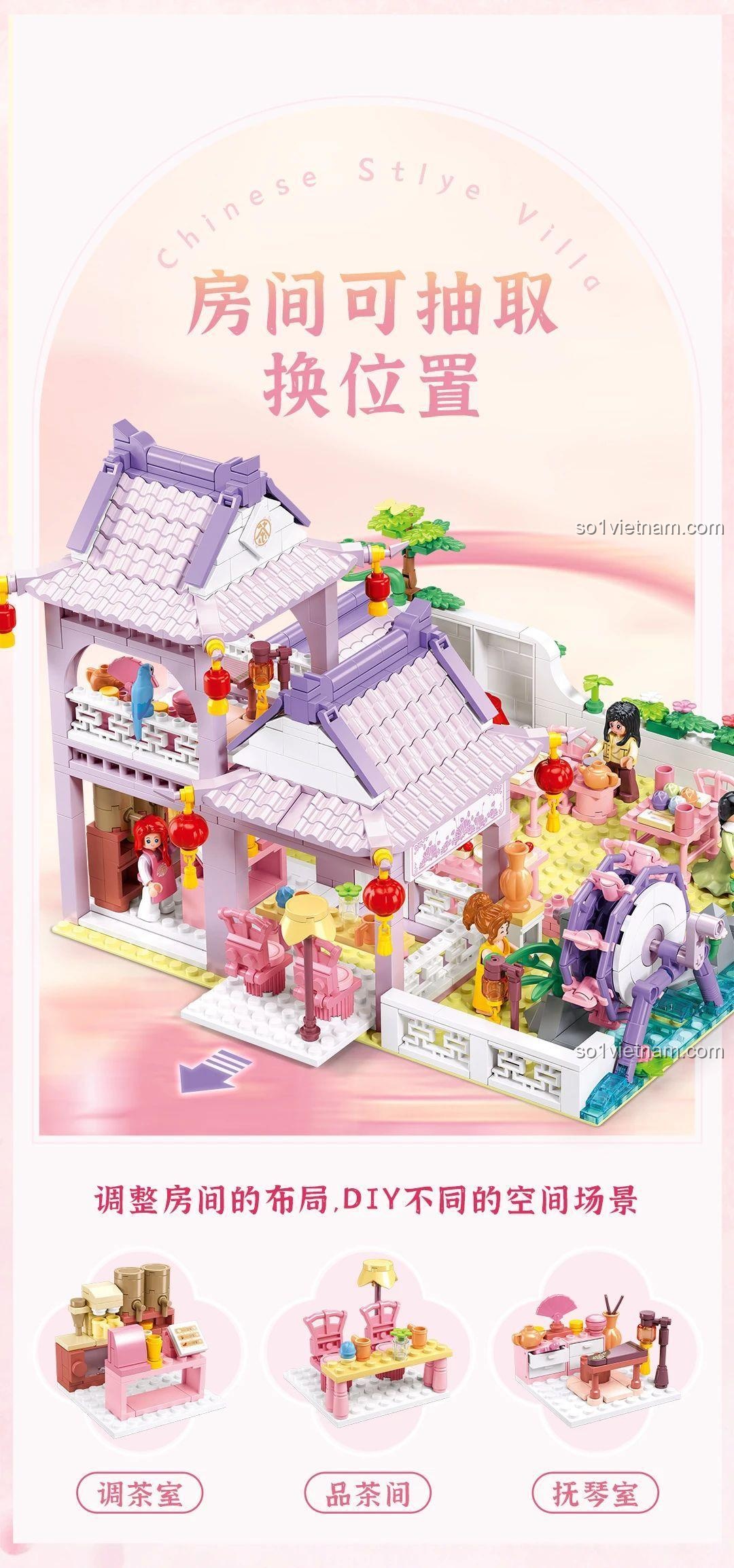 Sluban M38-B1078 Mô hình trà với các phòng tháo rời, bộ đồ chơi kiến trúc cổ, đồ chơi xây dựng cho bé gái 8 tuổi