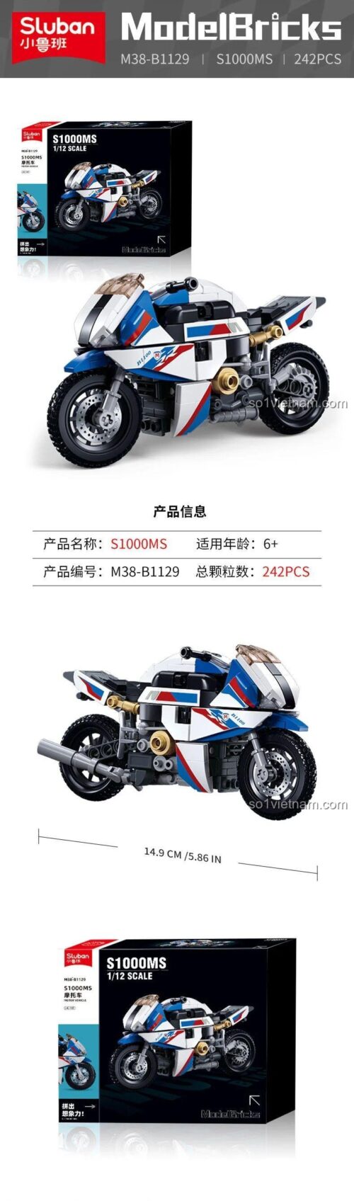 Hộp Xe mô tô BMW S1000MS B1129, bộ lắp ghép Mô tô phân khối lớn BMW S1000MS, đồ chơi mô hình Siêu mô tô BMW S1000MS cho con trai 6 tuổi, tỉ lệ 1:12