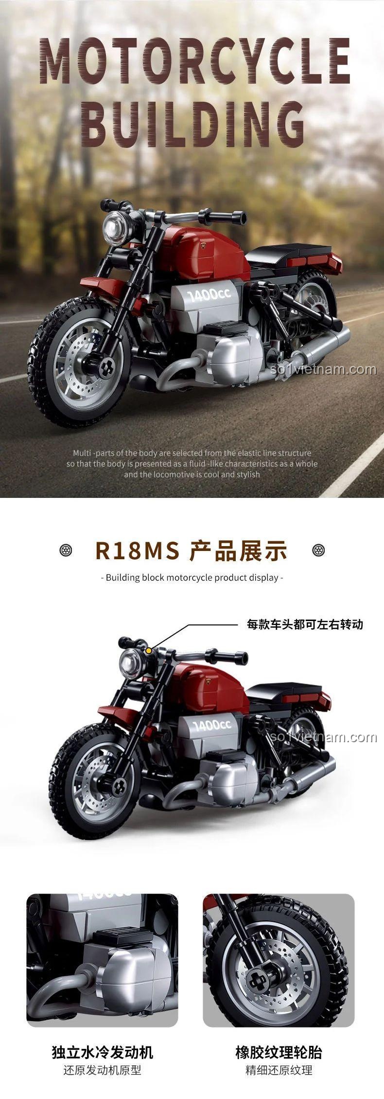 Đồ chơi mô hình Mô tô BMW R18MS Sluban M38B1131, thiết kế đẳng cấp, bánh lái xoay được, bộ lắp ghép cho bé trai 6 tuổi.