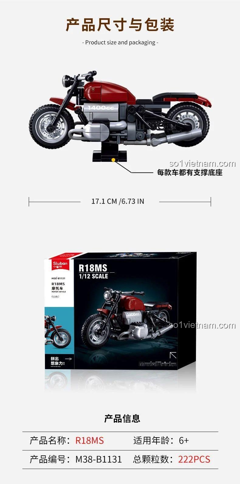 Bộ xếp hình Sluban B1131 Mô tô BMW R18MS tỉ lệ 1:12, mô hình 222 mảnh ghép, đồ chơi lắp ghép cho bé trai 6 tuổi giá rẻ.