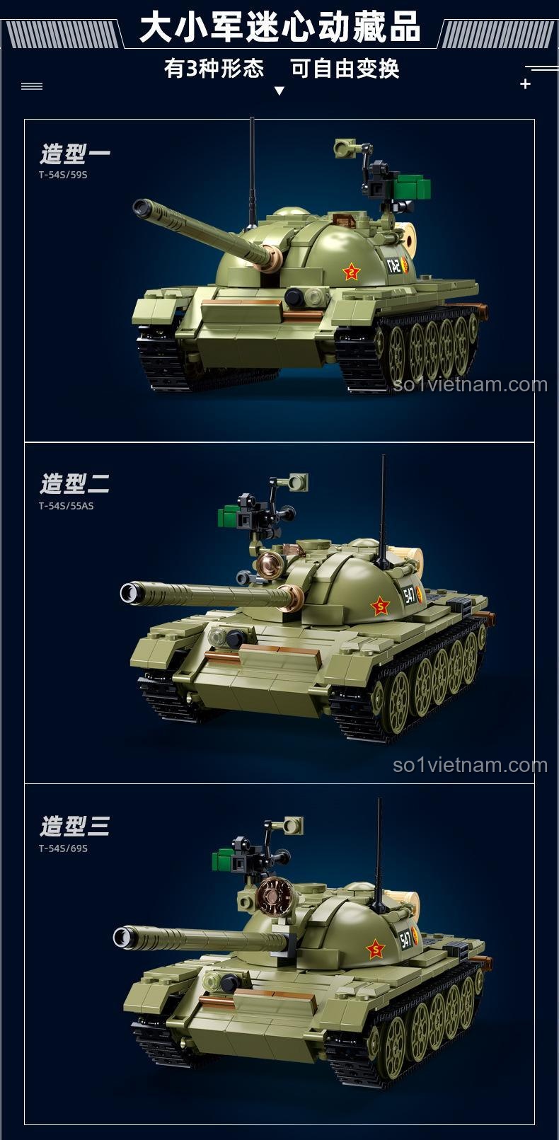 3 mẫu lắp được của bộ đồ chơi Sluban M38-B1135 Xe Tăng Hạng Trung T-54S, đa dạng cách chơi