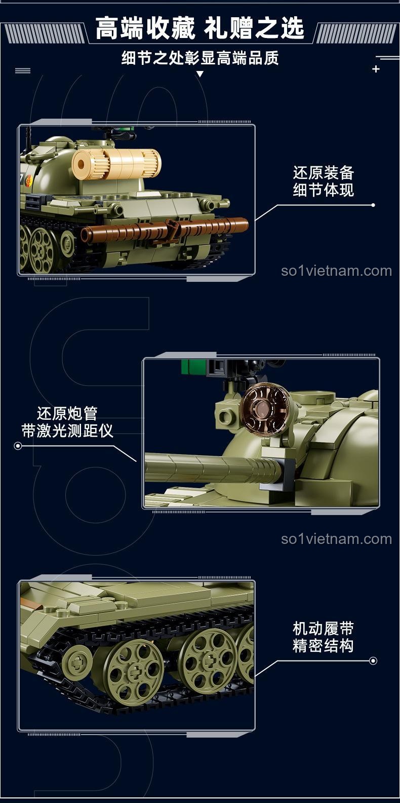 Chi tiết cao cấp của bộ lắp ghép Sluban M38-B1135 Xe Tăng Hạng Trung T-54S, chất lượng tốt