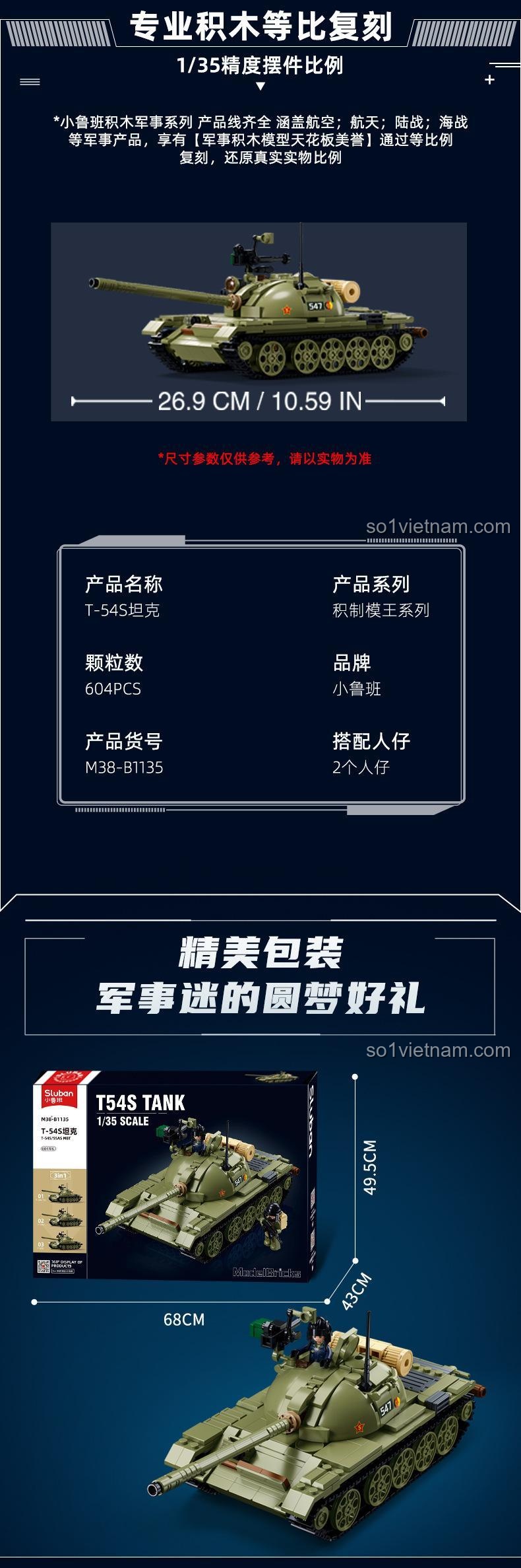 Thông số kỹ thuật bộ lắp ráp Sluban M38-B1135 Xe Tăng Hạng Trung T-54S, tỉ lệ 1:35