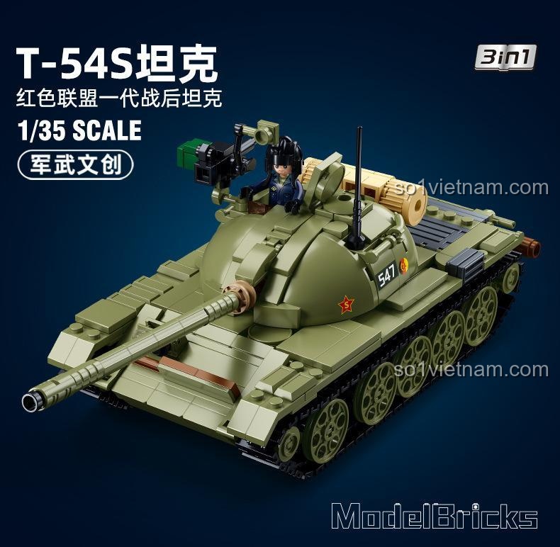 Đồ chơi mô hình Sluban M38-B1135 Xe Tăng Hạng Trung T-54S 3in1, có đèn hồng ngoại
