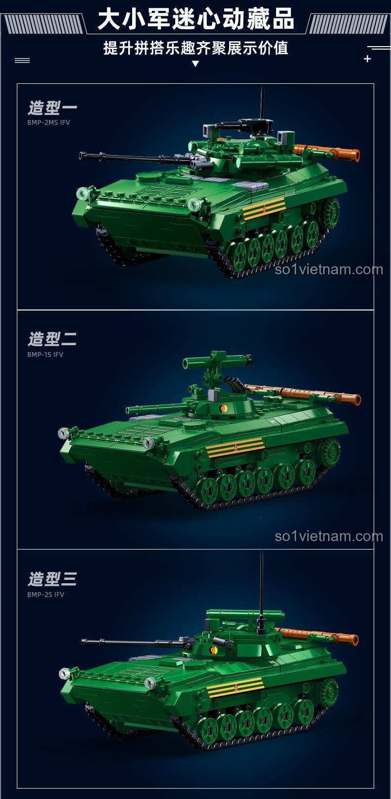 Ba mẫu lắp ghép của bộ lắp ghép Sluban M38 B1136 Xe tăng BMP-2MS, đồ chơi sáng tạo cho bé trai.