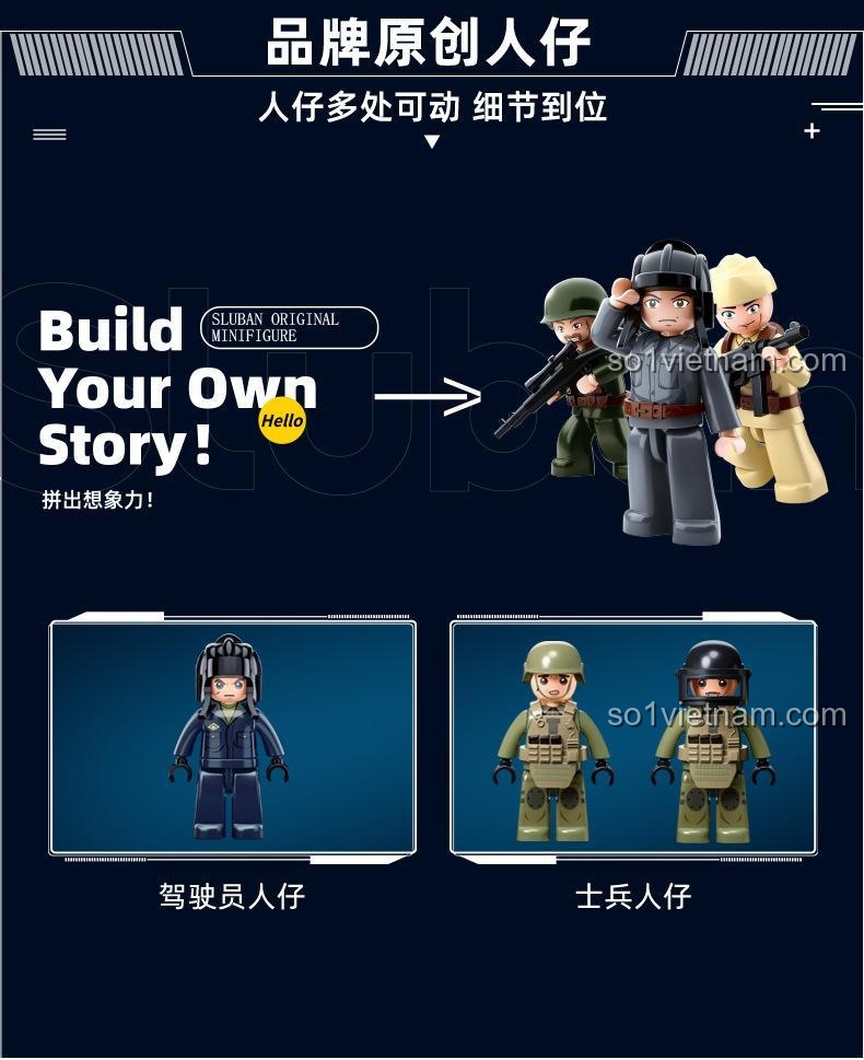 Các minifigures lính quân sự đi kèm bộ đồ chơi Sluban M38-B1136 Xe chiến đấu bộ binh BMP-2MS, chi tiết cao, phù hợp bé trai.