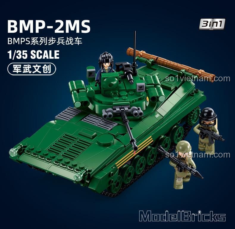 đồ chơi mô hình Xe tăng BMP-2MS Sluban M38-B1136, lắp được 3 kiểu, có 3 minifigures, đồ chơi cho bé trai 8 tuổi.