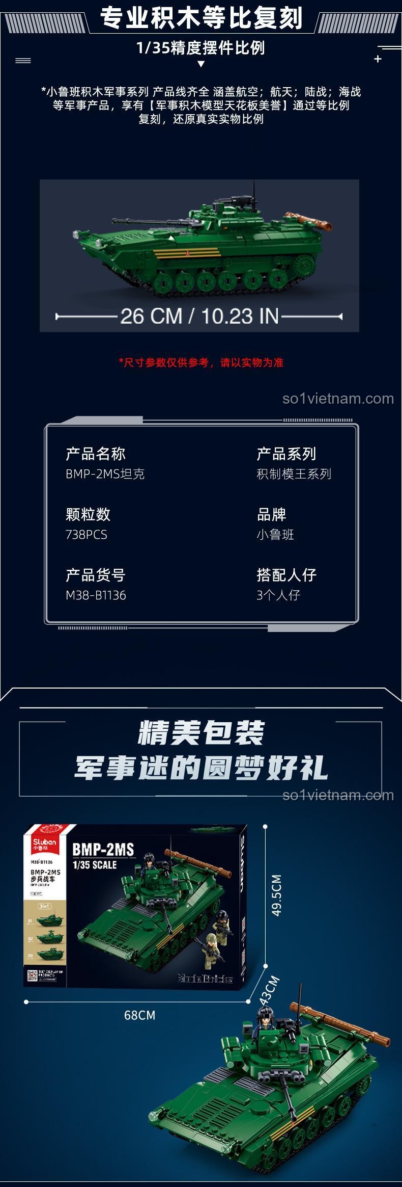 Thông số kỹ thuật bộ lắp ghép Sluban M38-B1136 Xe tăng BMP-2MS, 738 mảnh, tỉ lệ 1:35, có 3 minifigures, đồ chơi cho bé trai.