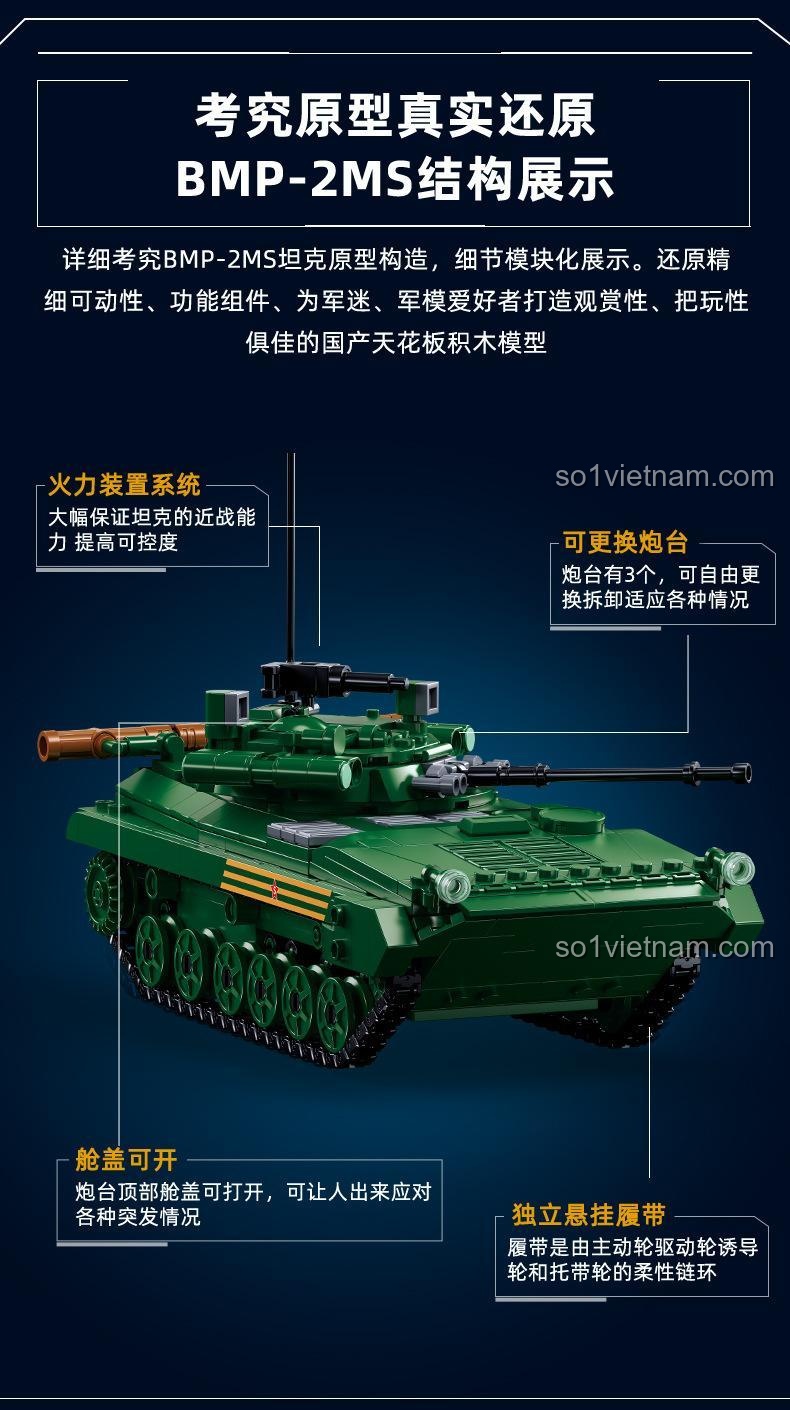 Tính năng đặc biệt của đồ chơi lắp ráp Sluban M38-B1136 Xe chiến đấu bộ binh BMP-2MS: tháp pháo xoay, cửa khoang mở, xích xe di chuyển.