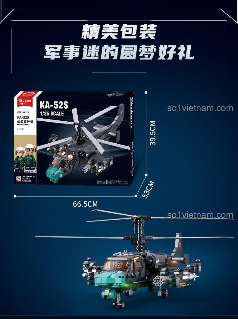 Kích thước hộp và mô hình bộ lắp ghép Sluban M38-B1138 Trực thăng vũ trang KA-54S, quà tặng cho bé trai 8 tuổi, giá tốt.