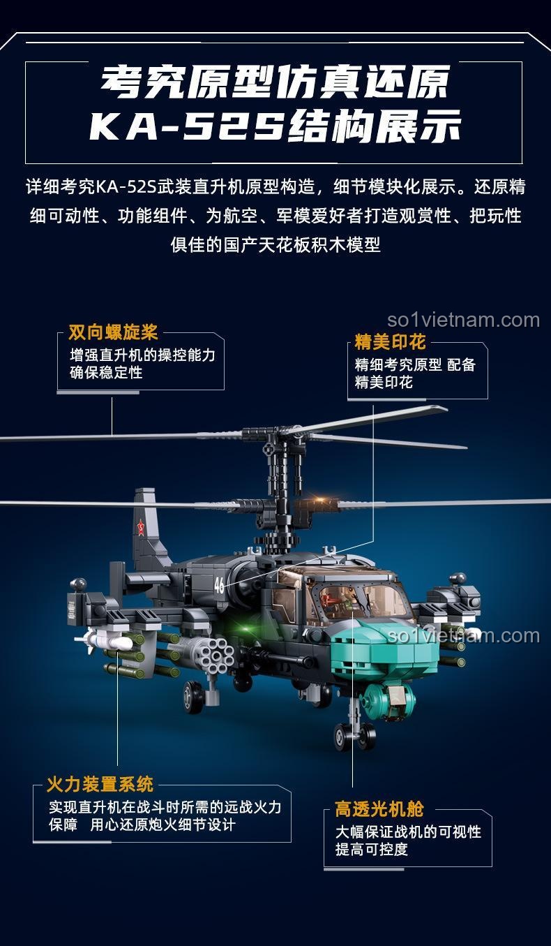 Các tính năng nổi bật của bộ lắp ghép Sluban M38-B1138 Trực thăng vũ trang KA-54S, mô hình chi tiết cao, sức mạnh quân sự.