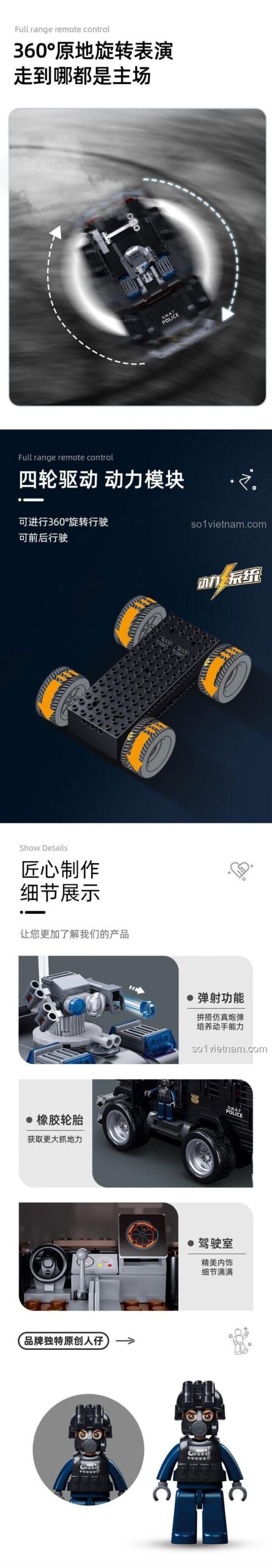 Mô hình xe cảnh sát Sluban M38-B1156 bên trái, đồ chơi lắp ráp xe quân sự điều khiển từ xa