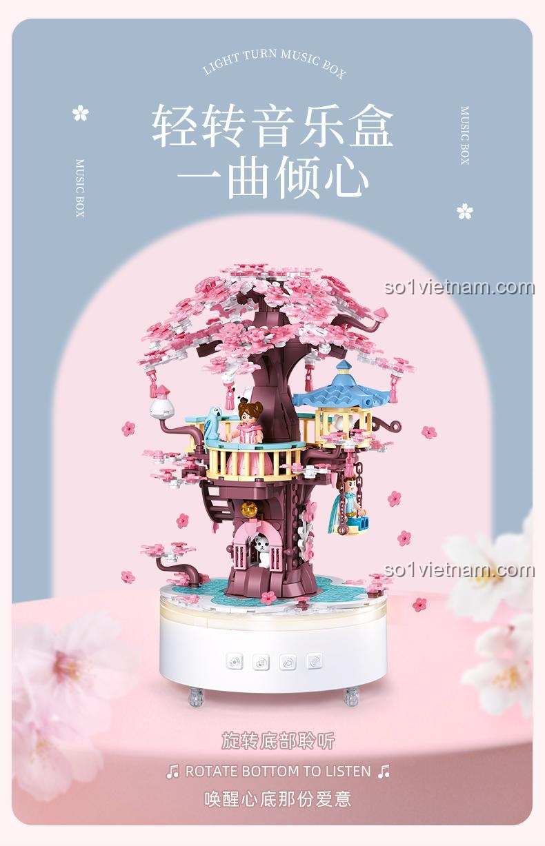 Bộ đồ chơi Sluban M38-B1169 Hộp nhạc hoa anh đào có đèn LED và âm thanh, quà tặng ý nghĩa cho bé gái.