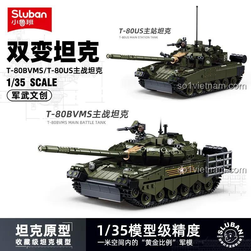 Xe tăng chiến đấu chủ lực T-80BVMS Sluban M38-B1178 màu xanh lá, tỉ lệ 1:35, có 798 mảnh, 2 minifigures, phù hợp cho bé trai 10 tuổi
