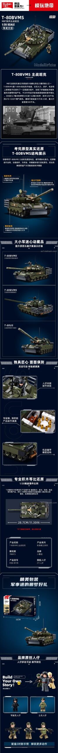 Xe tăng chiến đấu chủ lực T-80BVMS Sluban M38-B1178 màu xanh lá, tỉ lệ 1:35, có 798 mảnh, 2 minifigures, phù hợp cho bé trai 10 tuổi