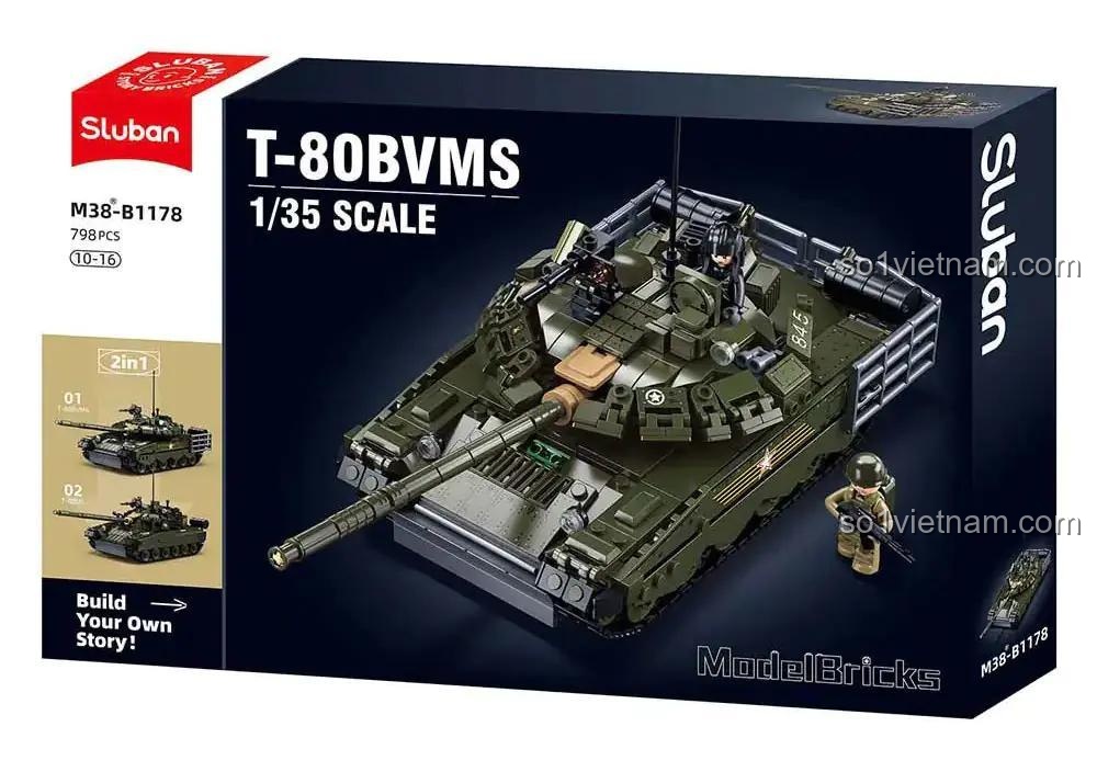 Xe tăng chiến đấu chủ lực T-80BVMS Sluban M38-B1178 màu xanh lá, tỉ lệ 1:35, có 798 mảnh, 2 minifigures, phù hợp cho bé trai 10 tuổi