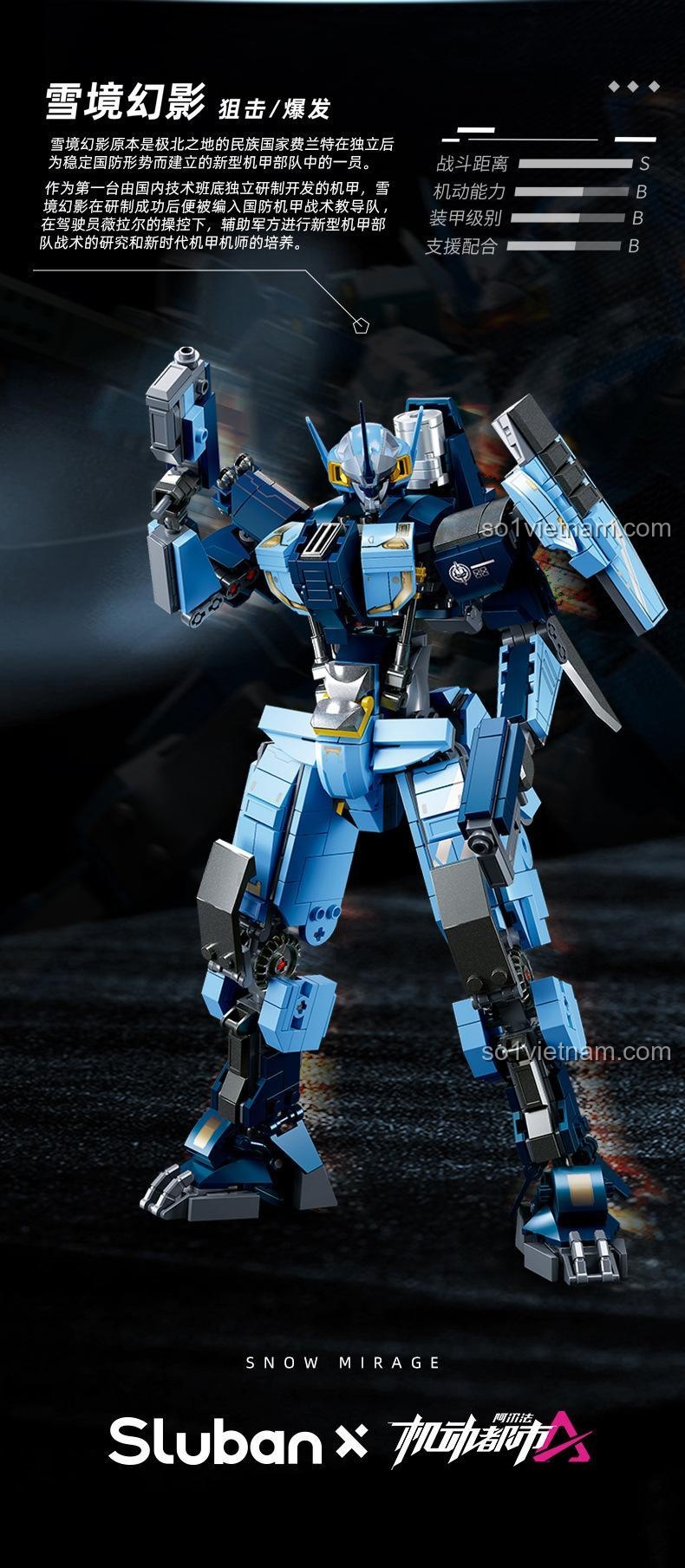 Mecha Snow Mirage B1185 Sluban với thông số sức mạnh, đồ chơi mô hình chất lượng cao cho bé trai.