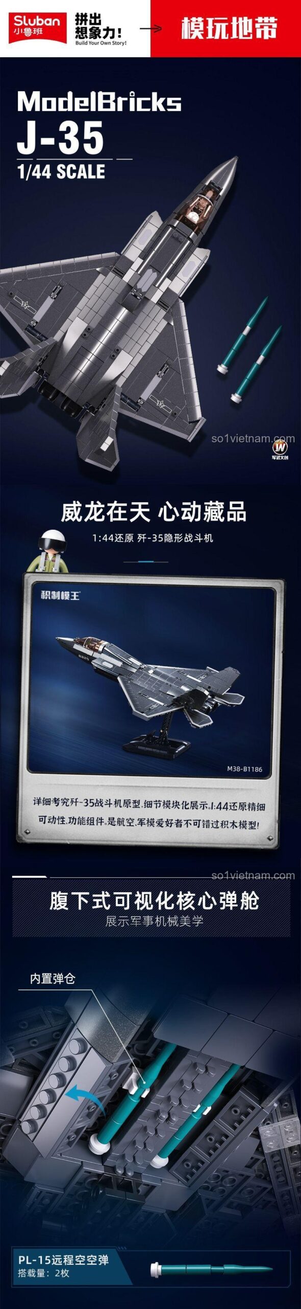 Đồ chơi lắp ráp Sluban M38-B1186 Máy bay chiến đấu tàng hình J-35 với cánh gập, bánh đáp thu gọn, buồng lái mở cho bé trai 6 tuổi