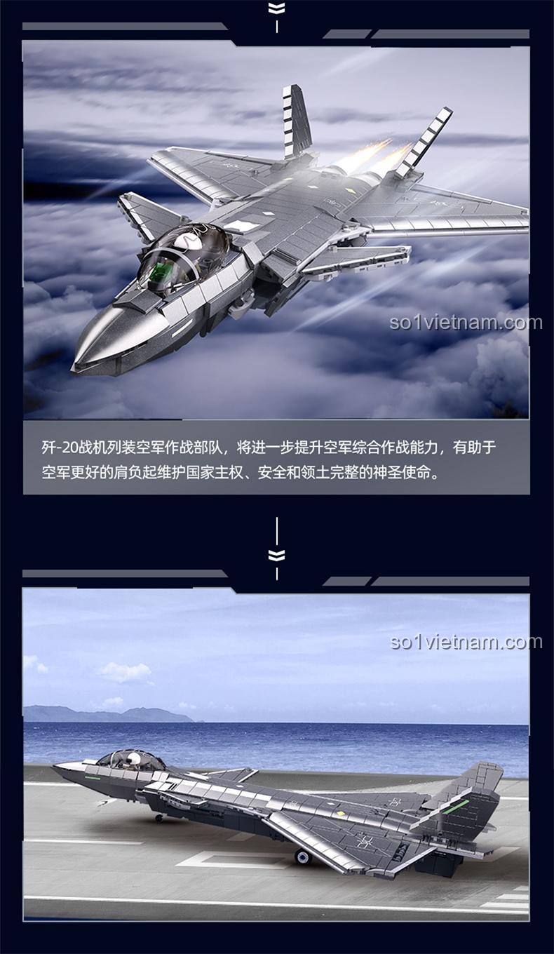 Máy bay chiến đấu J-20 Sluban M38-B1187 bên cạnh tàu sân bay, thể hiện sức mạnh không quân, phù hợp bé trai yêu quân sự