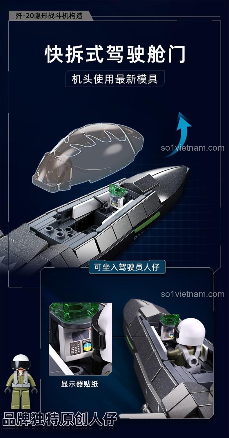 Buồng lái mở nhanh của bộ xếp hình J-20 Tiêm Kích Tàng Hình Sluban M38-B1187 với minifigure phi công, chi tiết tinh xảo, phù hợp bé trai