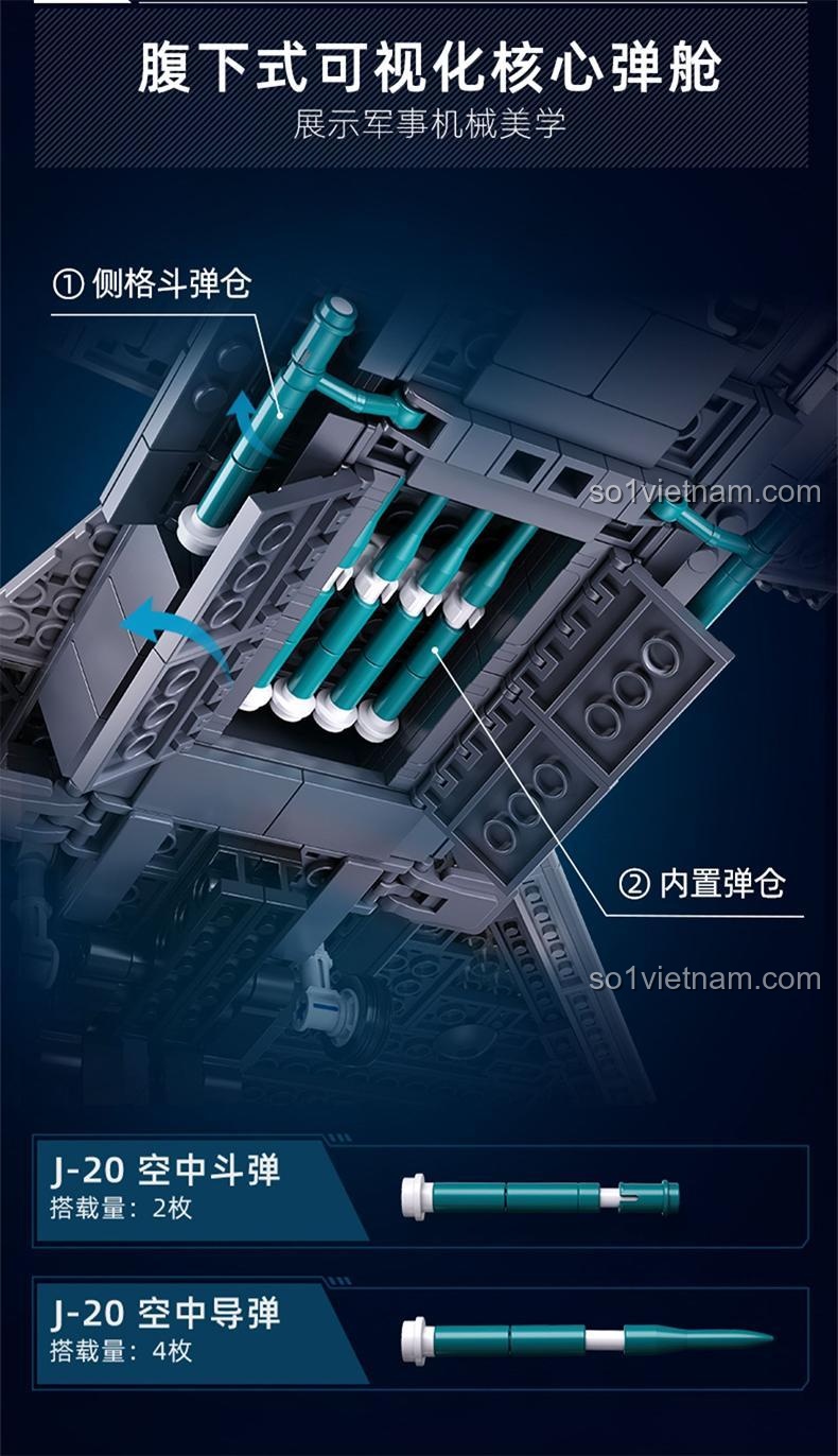 Khoang vũ khí của đồ chơi mô hình J-20 Tiêm Kích Tàng Hình Sluban M38-B1187 mở ra, chứa tên lửa, chi tiết chân thực, giá tốt