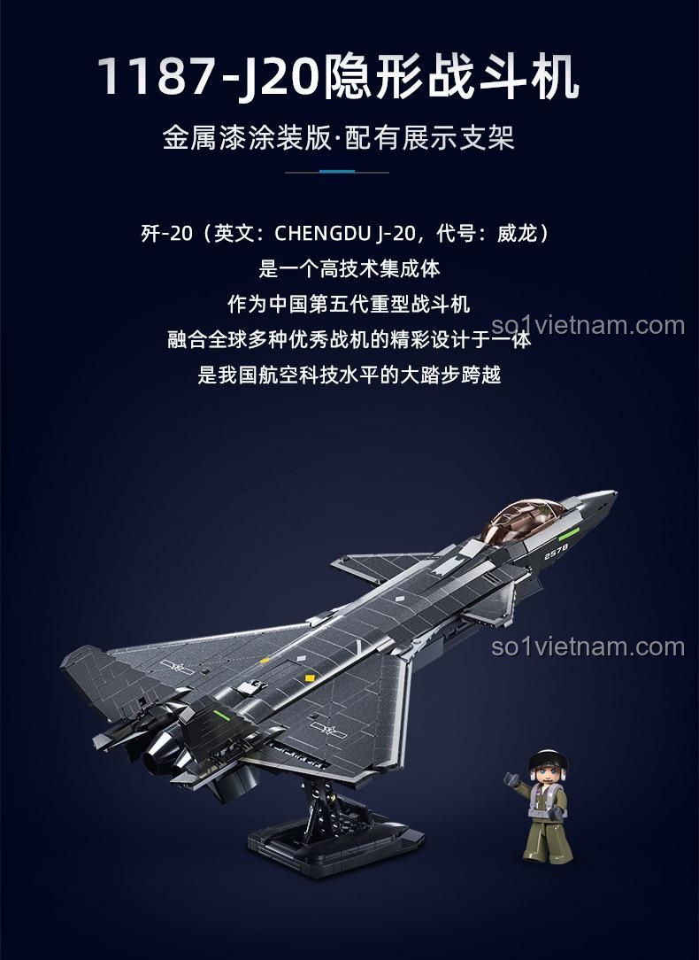 Mô hình máy bay chiến đấu J-20 Sluban M38-B1187 trên đế trưng bày kèm minifigure phi công, sơn kim loại độc đáo, đáng mua