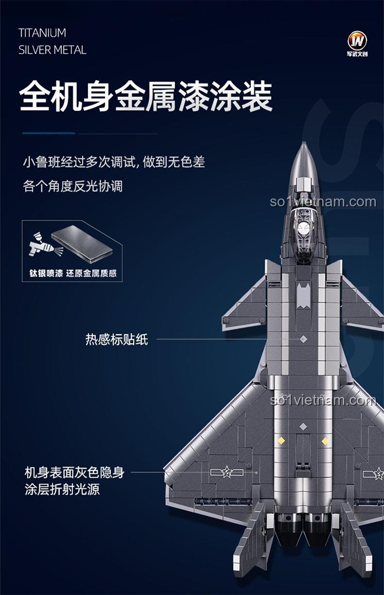 Máy bay chiến đấu J-20 Sluban M38-B1187 với lớp sơn kim loại toàn thân, màu xám bạc, chất lượng cao, phù hợp bé trai 6 tuổi