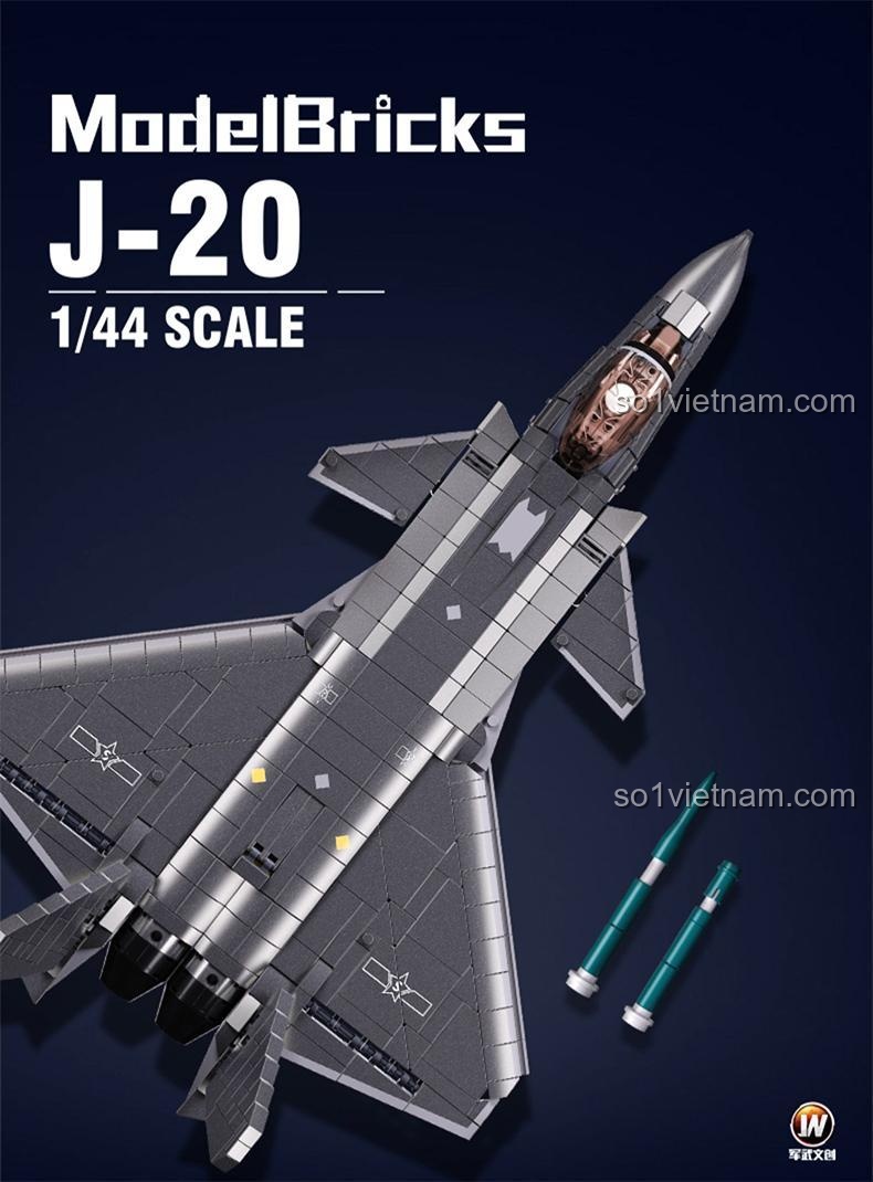 Mô hình máy bay chiến đấu J-20 Sluban M38-B1187 nhìn từ trên xuống, chi tiết cao, màu xám kim loại, phù hợp bé trai 6 tuổi