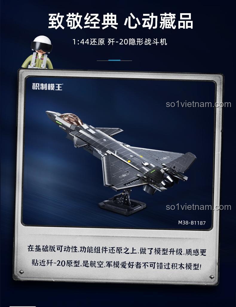 Bộ lắp ghép Sluban M38-B1187 J-20 Tiêm Kích Tàng Hình trên đế trưng bày, thể hiện sự tinh xảo, món quà đáng tiền cho bé trai