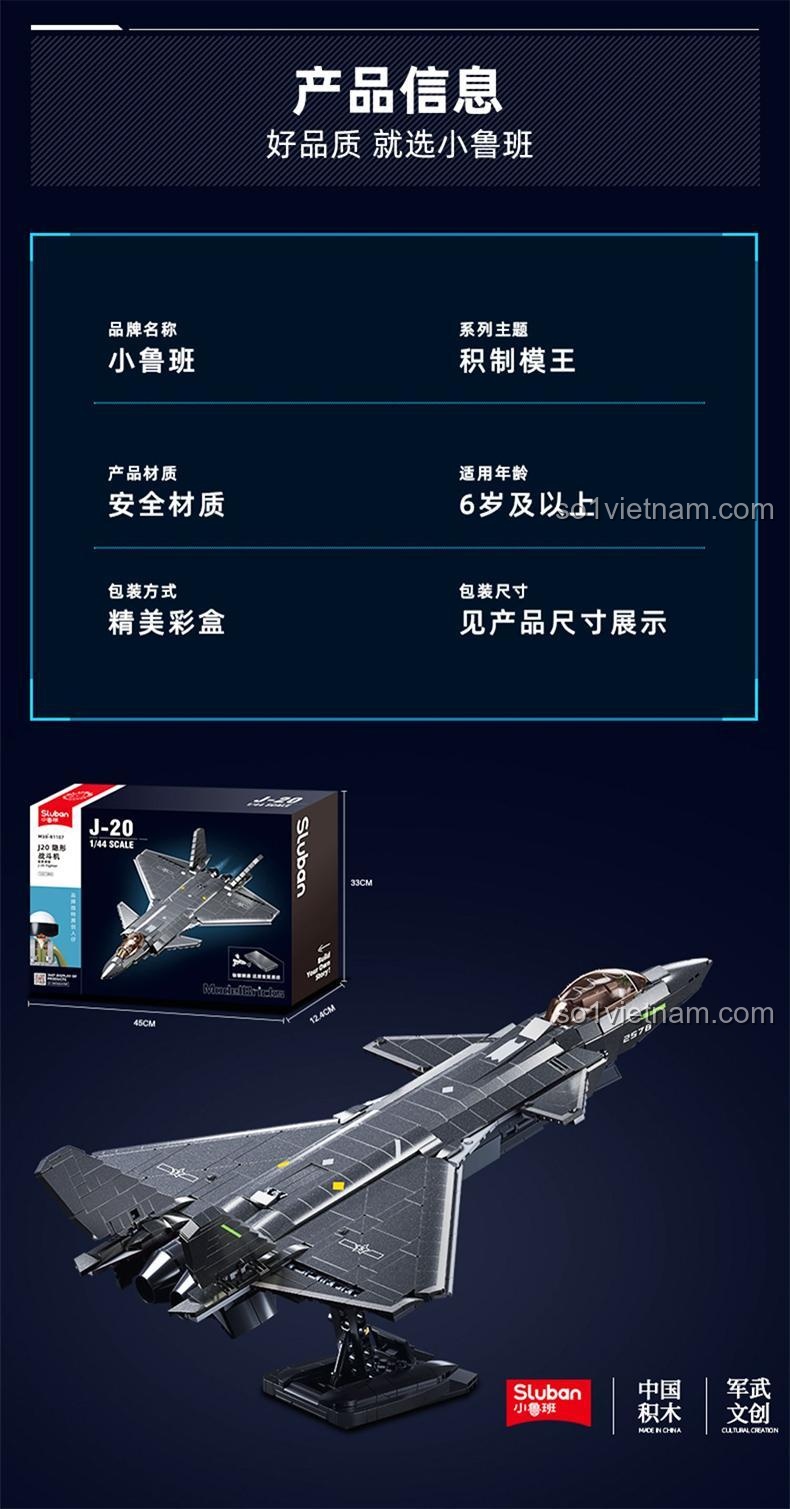 Thông tin sản phẩm bộ lắp ghép Sluban M38-B1187 J-20 Tiêm Kích Tàng Hình, kích thước hộp 45x33x12.4cm, chất liệu an toàn, giá rẻ