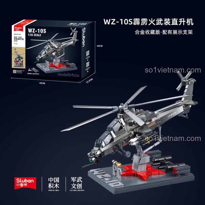 Thiết kế chi tiết của trực thăng tấn công WZ-10S Sluban M38-B1233, bao gồm buồng lái có thể mở, các bộ phận chuyển động, đồ chơi lắp ráp