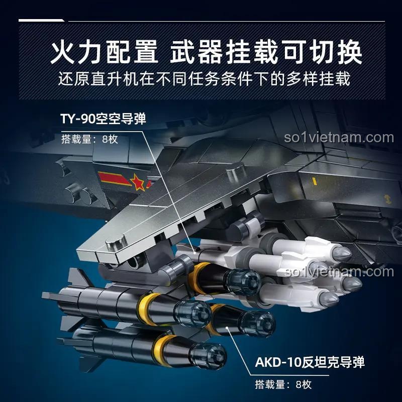 Chi tiết vũ khí có thể thay đổi của trực thăng tấn công WZ-10S Sluban M38-B1233, bao gồm tên lửa không đối không TY-90 và tên lửa chống tăng AKD-10, đồ chơi mô hình quân sự