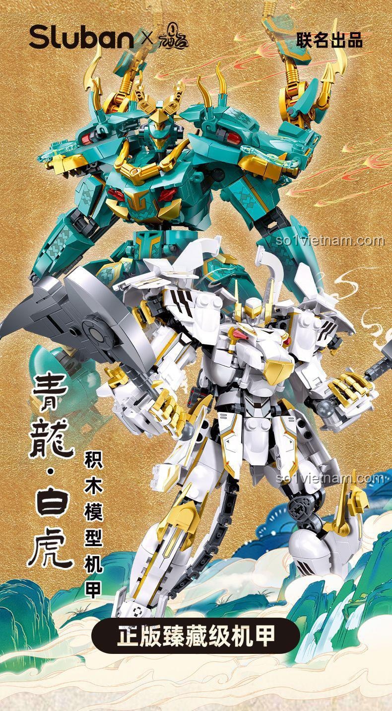 Bộ lắp ghép Bạch Hổ Cơ Giáp và Thanh Long Cơ Giáp Sluban, đồ chơi lắp ráp cho bé trai yêu thích thần thoại, giá tiết kiệm.