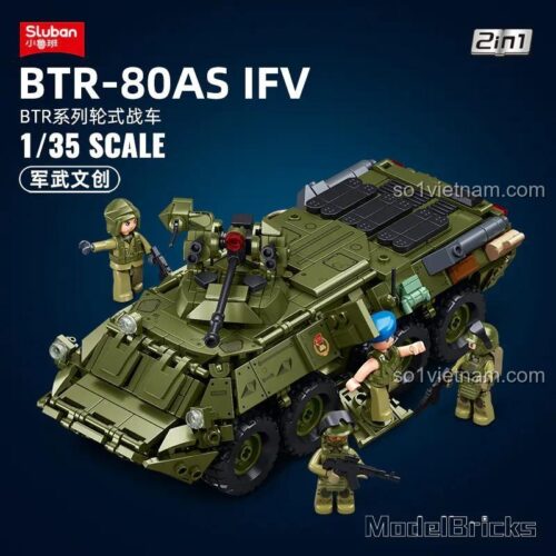 Bộ lắp ghép xe BTR-80AS IFV Bánh Lái Sluban M38-B1251, 619 mảnh, tỉ lệ 1:35, có 4 minifigures, đồ chơi giáo dục cho bé trai 6 tuổi