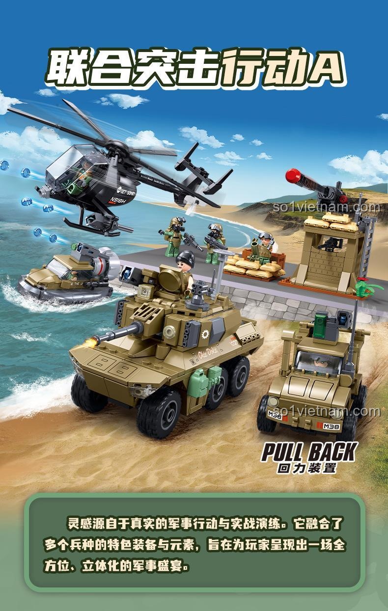 Poster đồ chơi mô hình Sluban M38-B1254, mô tả chiến dịch tấn công phối hợp, chất lượng cao.
