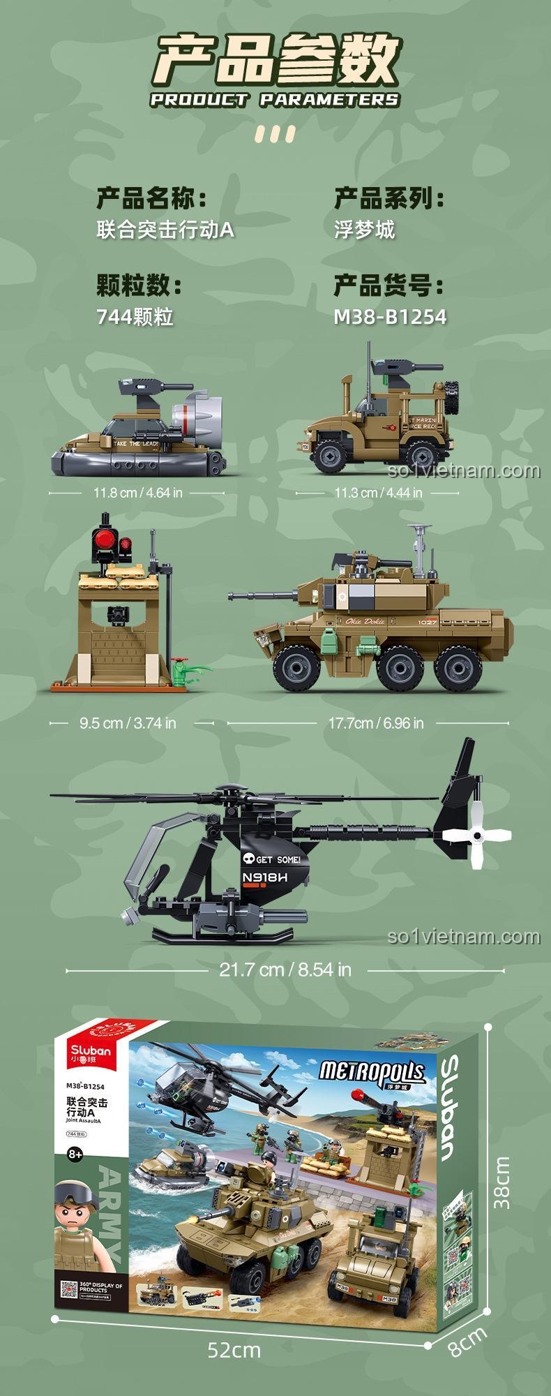 Thông số và kích thước các mô hình trong bộ lắp ráp Trực thăng vũ trang hạng nhẹ AH-6J M38 B1254.