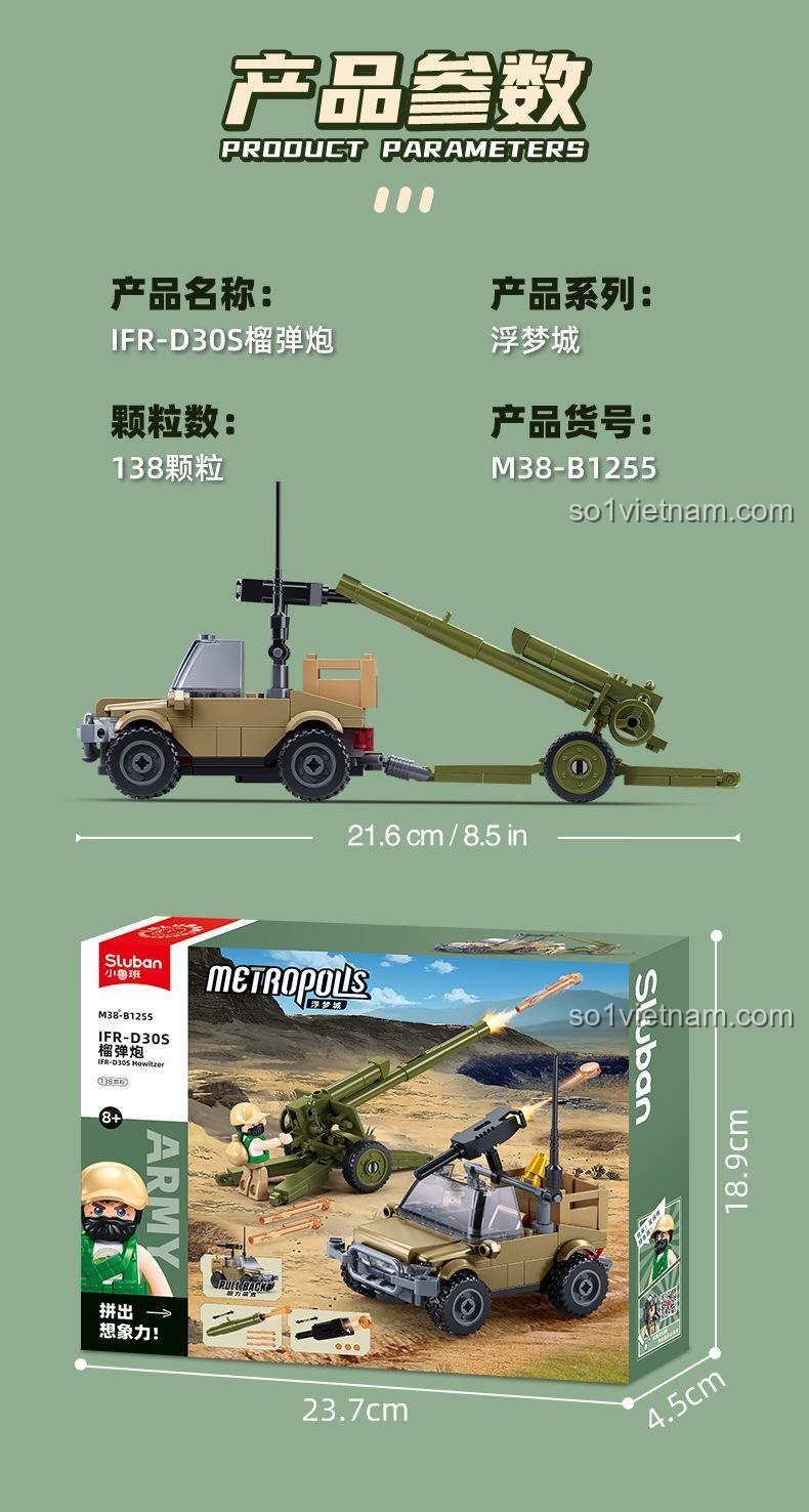 Kích thước chi tiết của đồ chơi mô hình Sluban 1255 Xe Jeep kéo pháo và hộp sản phẩm