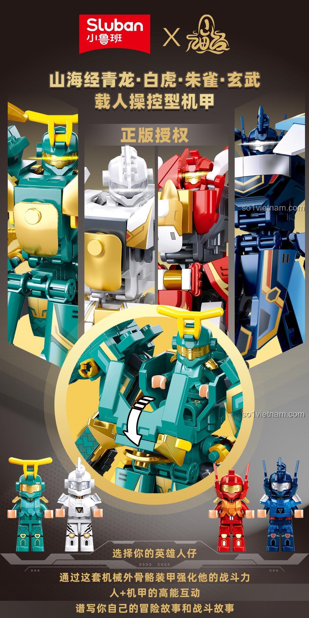 Đồ chơi mô hình Robot Thanh Long B1275, giới thiệu các mẫu cơ giáp Sơn Hải Kinh khác nhau.