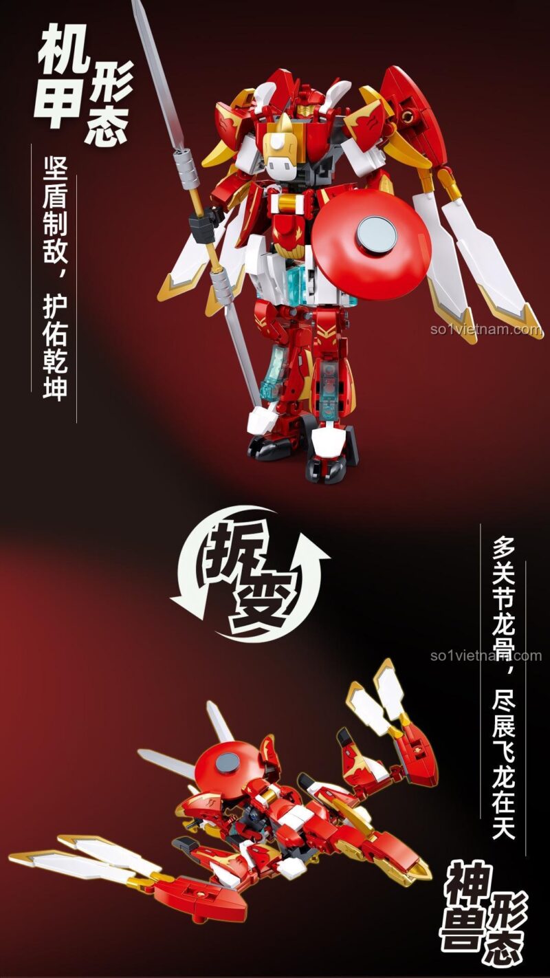 Quá trình biến hình của Robot Biến Hình Chu Tước Sluban M38-B1277 từ dạng cơ giáp sang thần thú, đồ chơi sáng tạo cho bé trai.