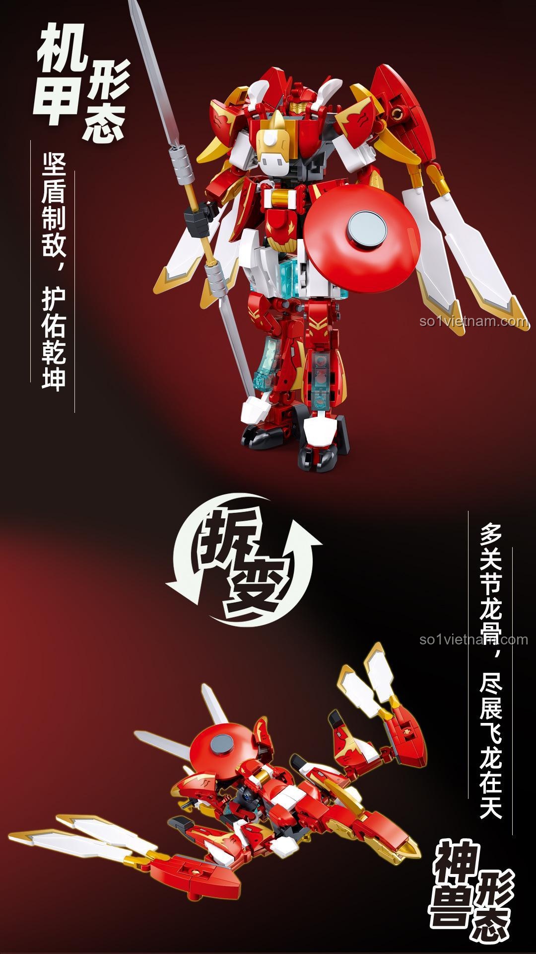 Quá trình biến hình của Robot Biến Hình Chu Tước Sluban M38-B1277 từ dạng cơ giáp sang thần thú, đồ chơi sáng tạo cho bé trai.